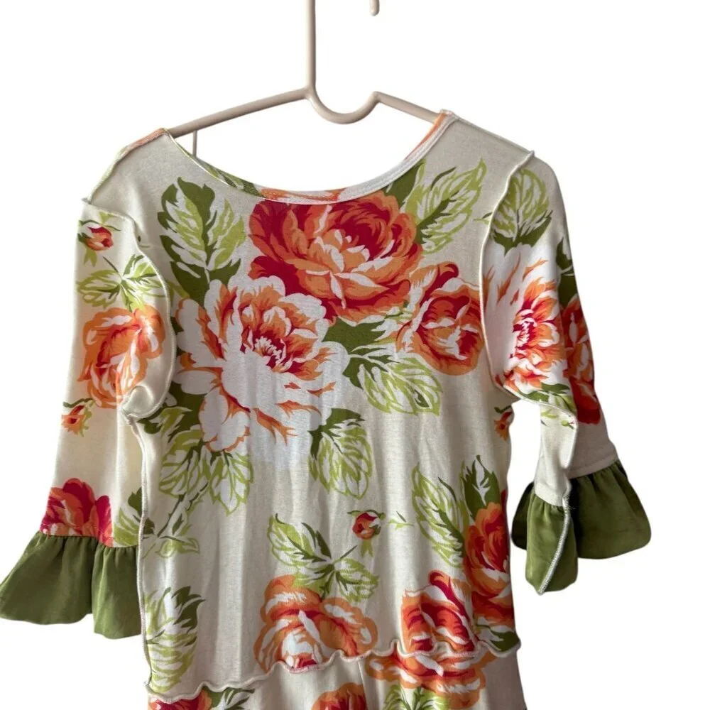 Floral Giggle Moon Girls Dress With Green Ruffled Hem & Sleeves Rosette Size 6X
